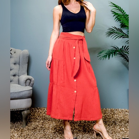 NWT High waist Button Down Cotton Maxi Skirt with Sash waist tie in Rust - Picture 2 of 8